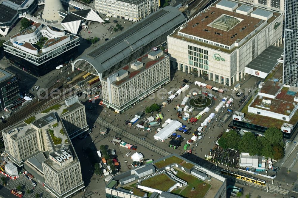 Aerial image Berlin - Sale and food stands and trade stalls in the market place on Alexanderplatz in the district Mitte in Berlin, Germany