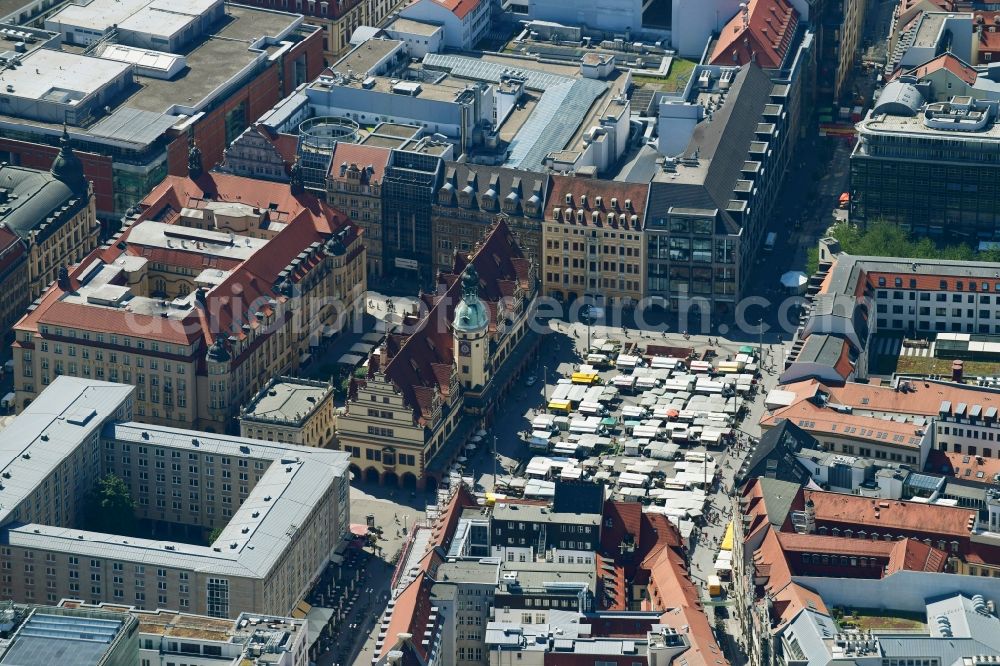 Leipzig from above - Sale and food stands and trade stalls in the market place on Markt in Leipzig in the state Saxony, Germany