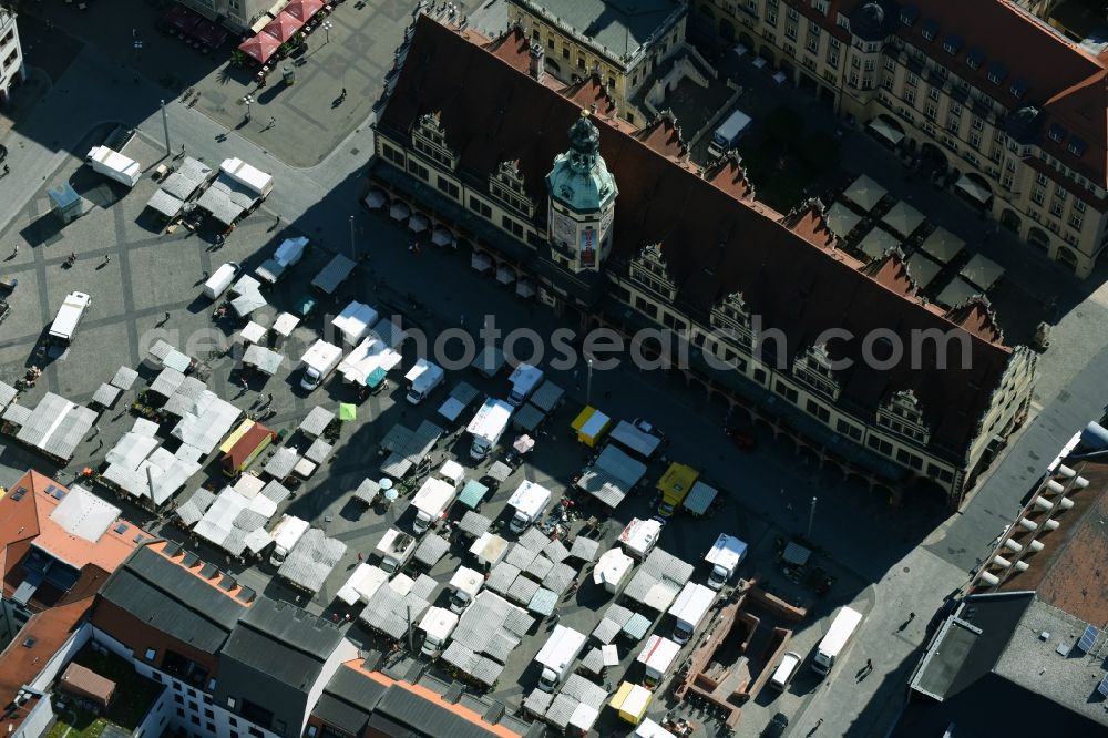 Leipzig from the bird's eye view: Sale and food stands and trade stalls in the market place at the town hall of the inner city center in Leipzig in the state Saxony