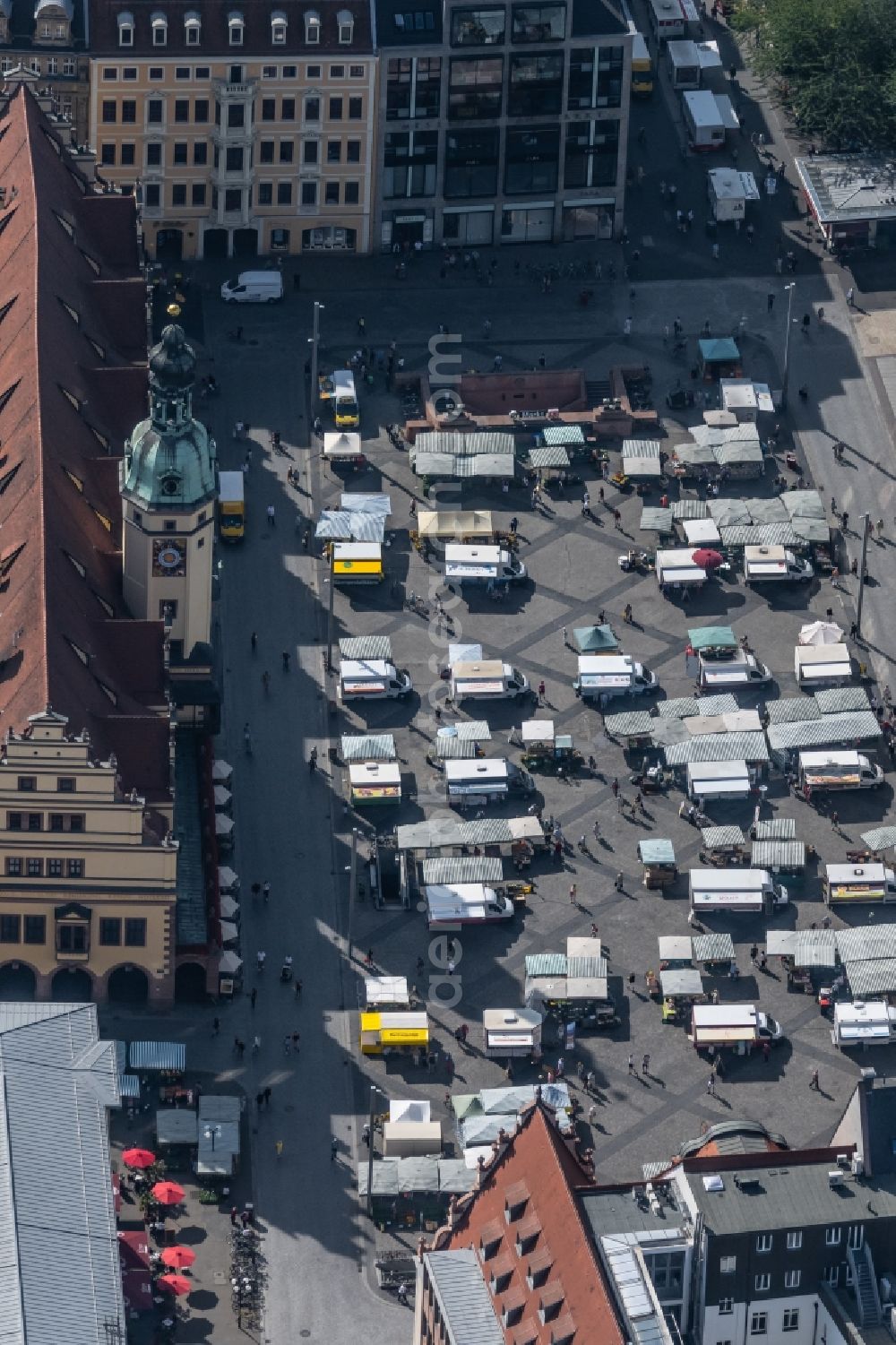 Leipzig from above - Sale and food stands and trade stalls in the market place at the town hall of the inner city center in the district Zentrum in Leipzig in the state Saxony