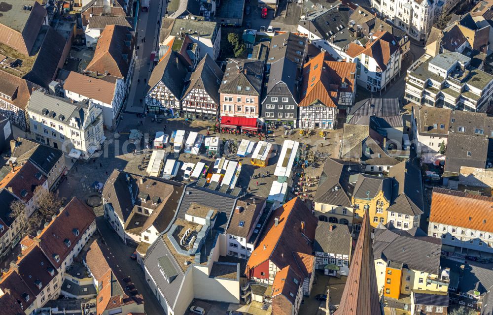 Aerial image Unna - Sales and snack stands and trade stalls on the market square in Unna in the Ruhr area in the state North Rhine-Westphalia, Germany