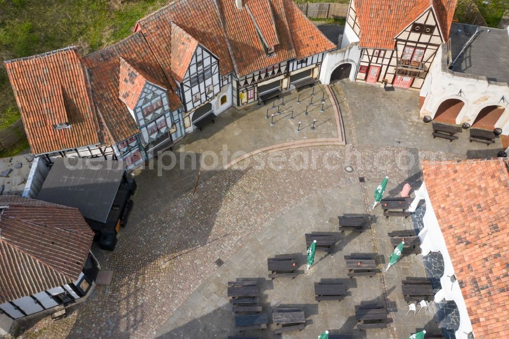 Zwenkau from the bird's eye view: Sales and snack stalls and trade stalls in the pandemic deserted leisure center Belantis in Zwenkau in the state Saxony, Germany