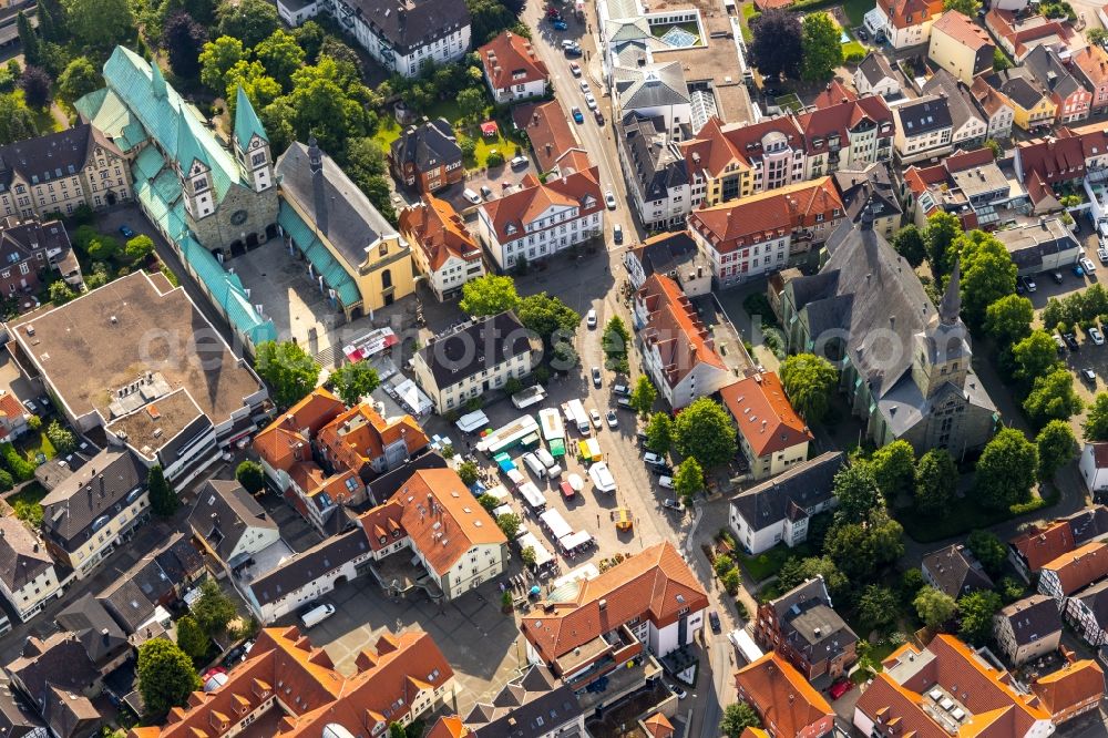 Aerial image Werl - Sale and food stands and trade stalls in the market place in Werl in the state North Rhine-Westphalia, Germany