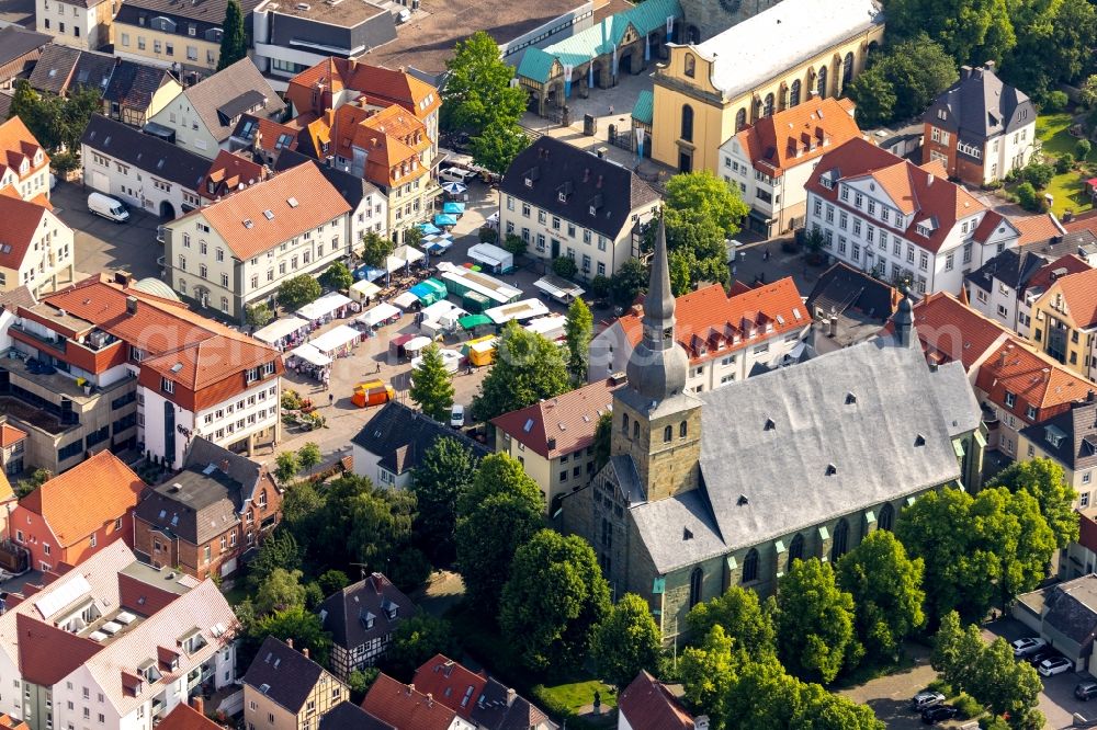 Aerial image Werl - Sale and food stands and trade stalls in the market place in Werl in the state North Rhine-Westphalia, Germany