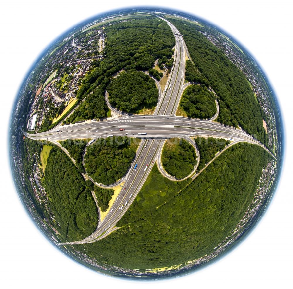 Aerial image Oberhausen - Fish eye view of Traffic flow at the intersection- motorway A BAB A3 und A2 und A516 in Oberhausen in the state North Rhine-Westphalia