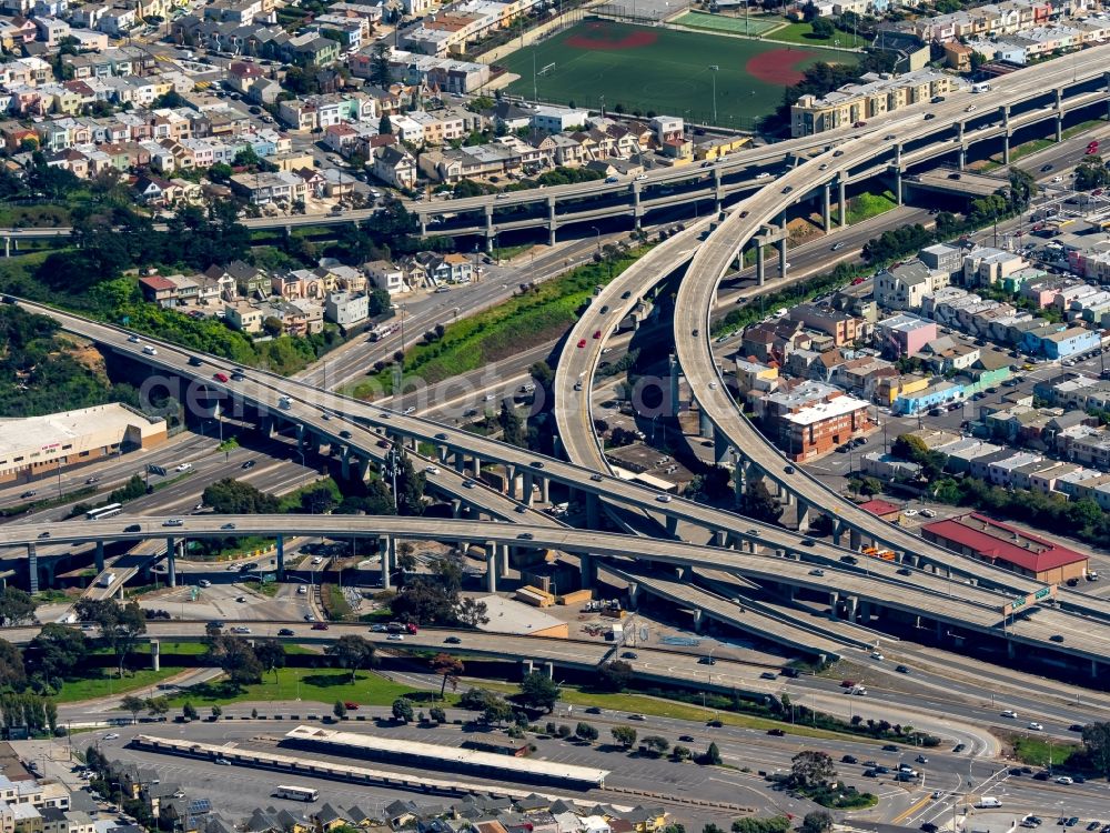 Aerial image San Francisco - Traffic flow at the intersection- motorway Freeway 101, Bayshore Freeway and Freeway 92 in San Francisco in California, USA