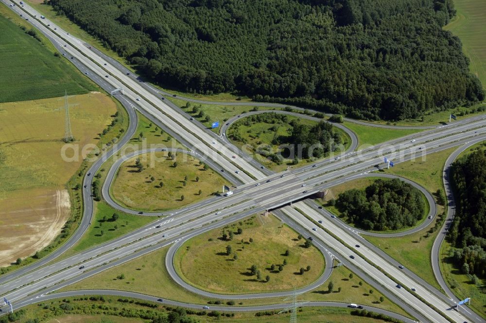 Kessin from above - Traffic flow at the intersection- motorway A 19 und A20 - Autobahnkreuz Rostock in Kessin in the state Mecklenburg - Western Pomerania