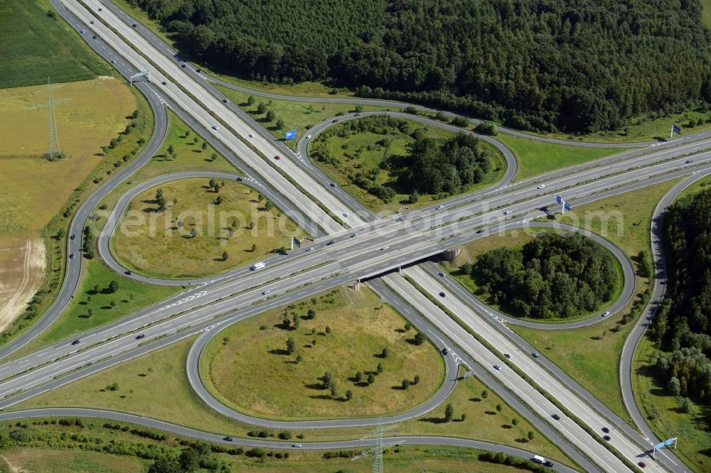 Kessin from the bird's eye view: Traffic flow at the intersection- motorway A 19 und A20 - Autobahnkreuz Rostock in Kessin in the state Mecklenburg - Western Pomerania