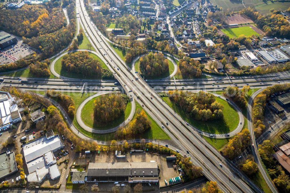 Aerial image Bochum - Traffic flow at the intersection- motorway A 40 and the A43 in Bochum in the state North Rhine-Westphalia, Germany