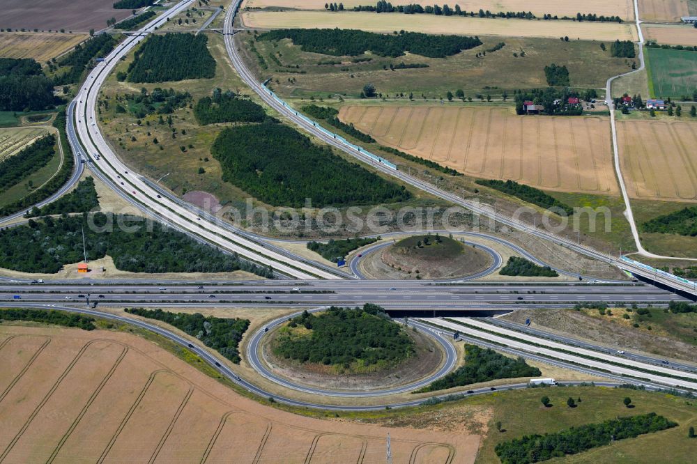 Erfurt from above - Traffic flow at the intersection- motorway A 4 and BAB A71 an ICE train route in Erfurt in the state Thuringia, Germany