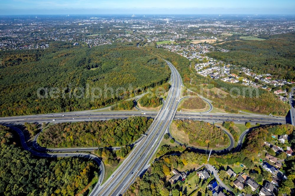 Westhofen from above - Traffic flow at the intersection- motorway A 45 and A1 on Westhofener Kreuz in Westhofen in the state North Rhine-Westphalia, Germany