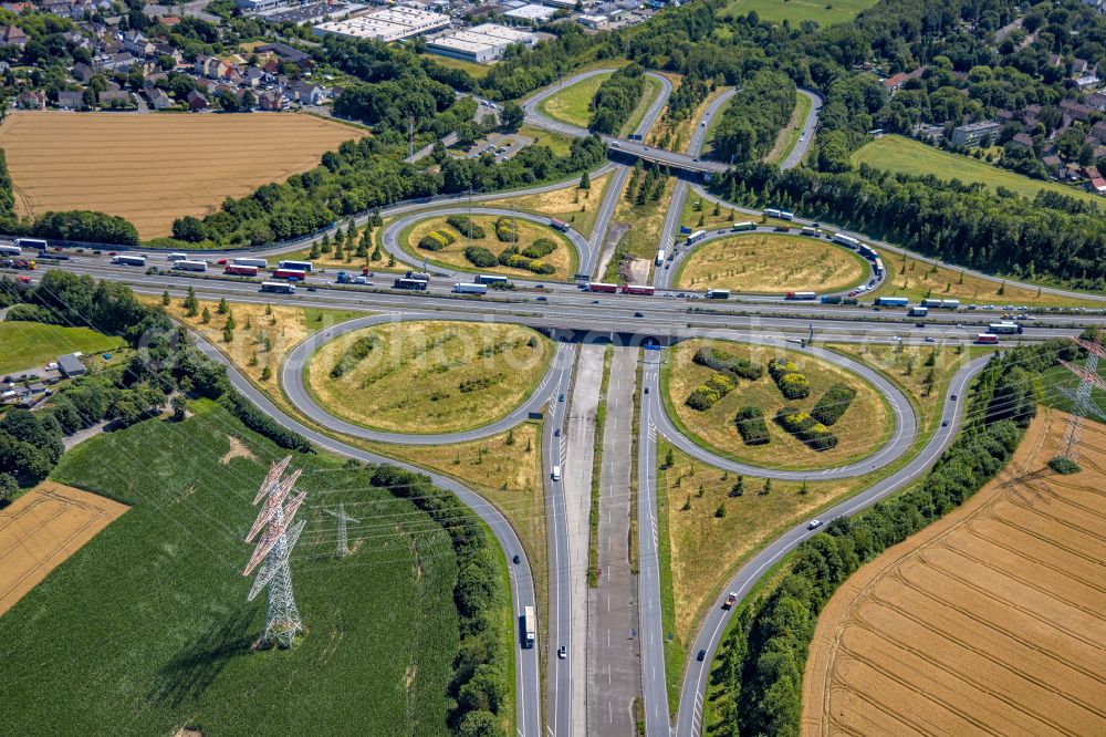 Dortmund from above - Traffic flow at the intersection- motorway A 42 - A45 Castroph-Rauxel-Ost in Dortmund in the state North Rhine-Westphalia