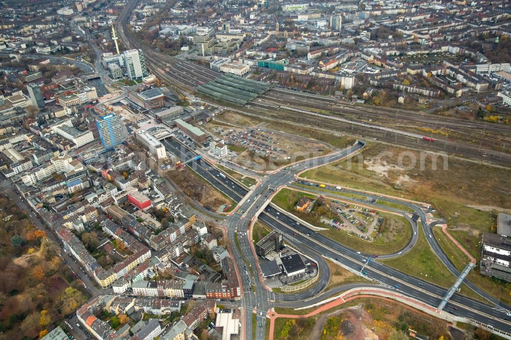 Duisburg from above - Traffic flow at the intersection- motorway A 59 in Duisburg in the state North Rhine-Westphalia