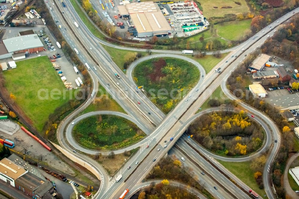 Duisburg from above - Traffic flow at the intersection- motorway A 40 in Duisburg in the state North Rhine-Westphalia