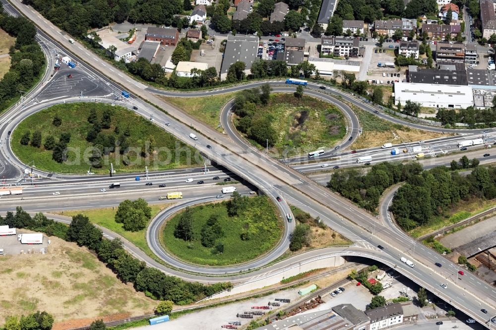 Duisburg from above - Traffic flow at the intersection- motorway A 40 in Duisburg in the state North Rhine-Westphalia