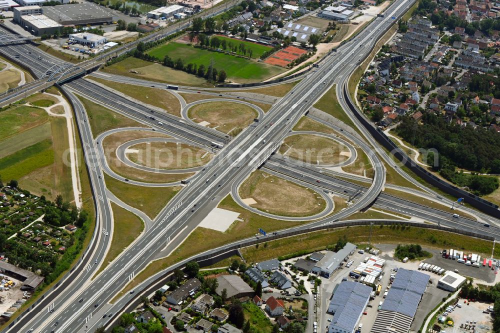 Eltersdorf from the bird's eye view: Traffic flow at the intersection- motorway A Autobahnkreuz of BAB A73 - A3 in Eltersdorf in the state Bavaria, Germany