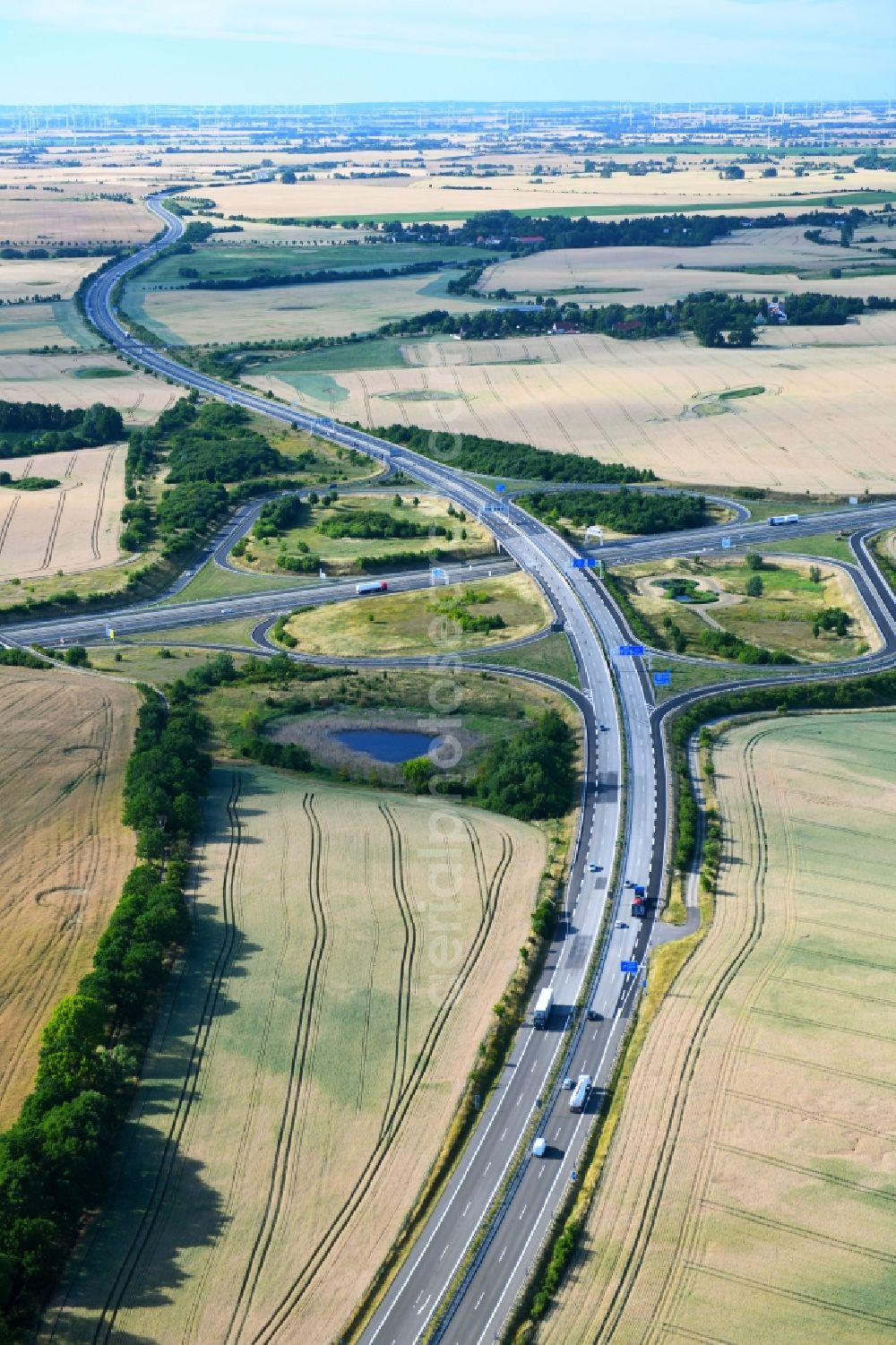 Aerial photograph Gramzow - Traffic flow at the intersection- motorway A 20 - A11 in Gramzow in the state Brandenburg, Germany