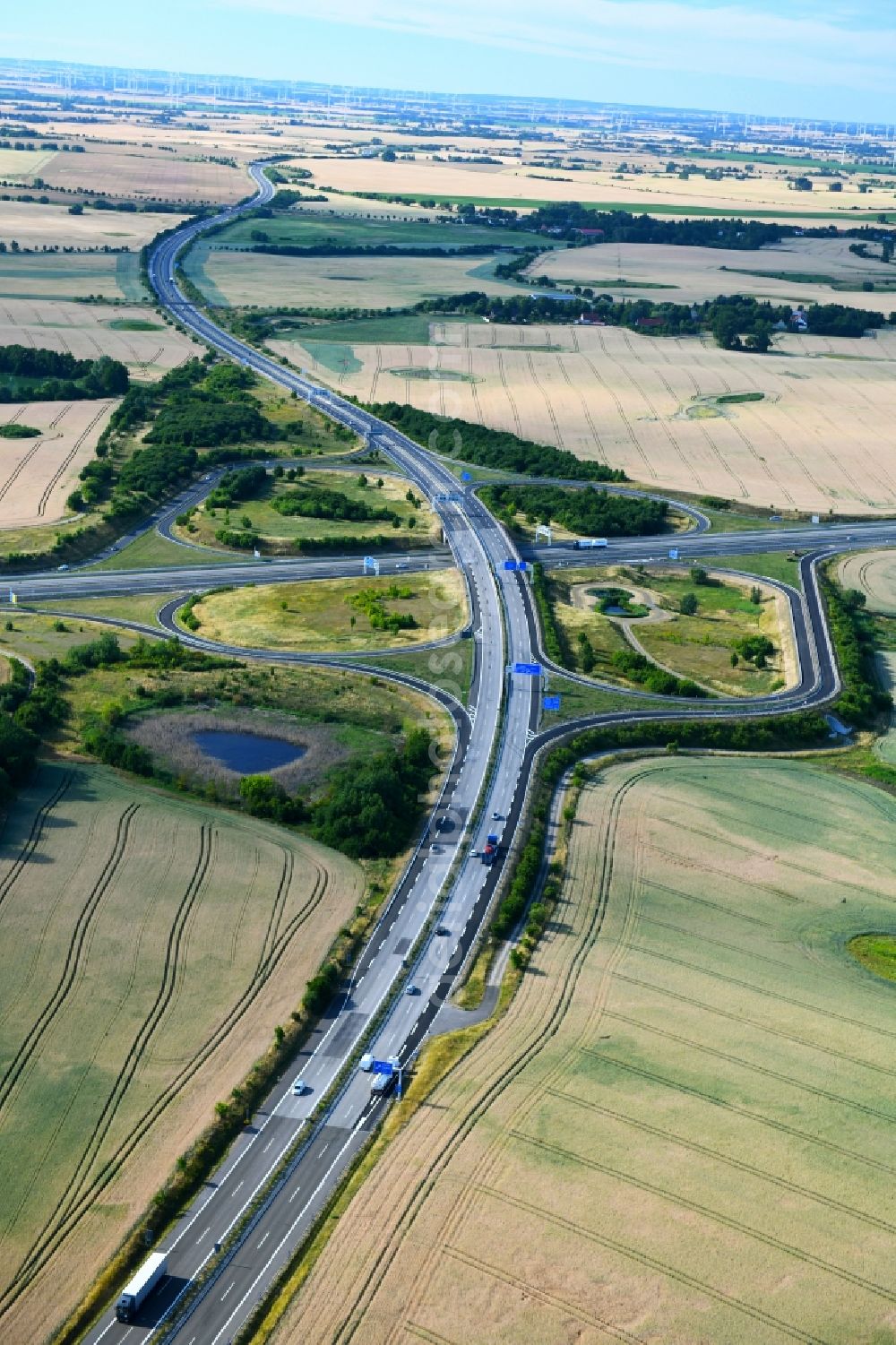 Gramzow from above - Traffic flow at the intersection- motorway A 20 - A11 in Gramzow in the state Brandenburg, Germany