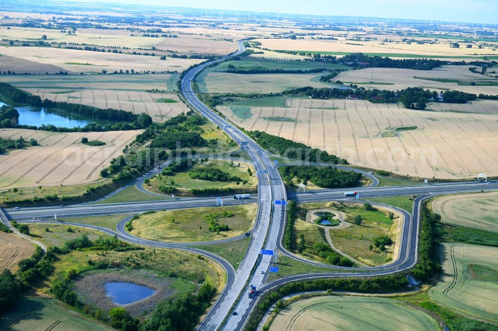 Gramzow from the bird's eye view: Traffic flow at the intersection- motorway A 20 - A11 in Gramzow in the state Brandenburg, Germany