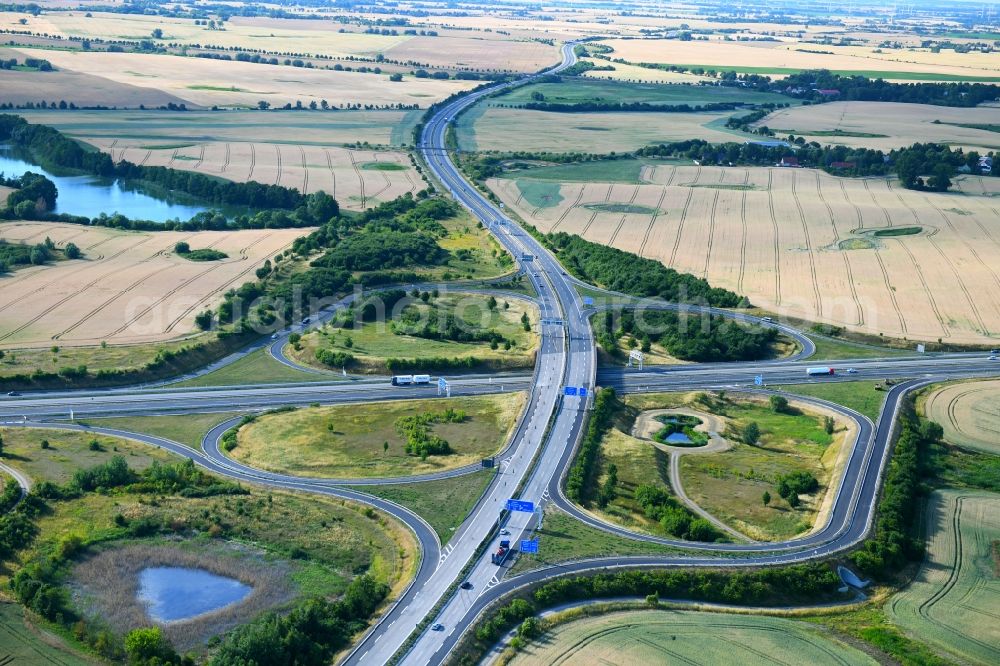 Aerial image Gramzow - Traffic flow at the intersection- motorway A 20 - A11 in Gramzow in the state Brandenburg, Germany