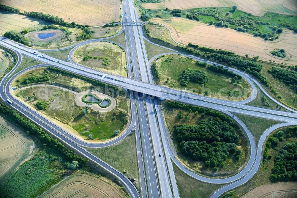 Gramzow from above - Traffic flow at the intersection- motorway A 20 - A11 in Gramzow in the state Brandenburg, Germany