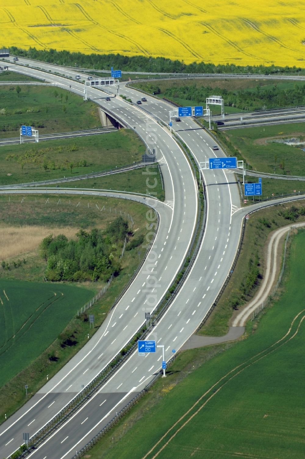 Aerial photograph Gramzow - Traffic flow at the intersection- motorway A 20 - A11 in Gramzow in the state Brandenburg, Germany