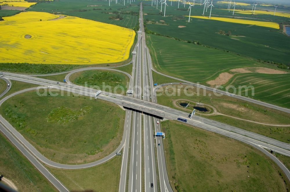 Gramzow from the bird's eye view: Traffic flow at the intersection- motorway A 20 - A11 in Gramzow in the state Brandenburg, Germany