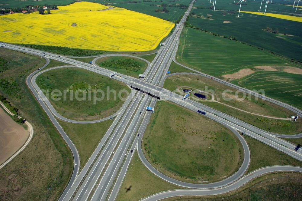 Aerial image Gramzow - Traffic flow at the intersection- motorway A 20 - A11 in Gramzow in the state Brandenburg, Germany