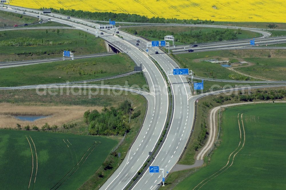 Gramzow from above - Traffic flow at the intersection- motorway A 20 - A11 in Gramzow in the state Brandenburg, Germany