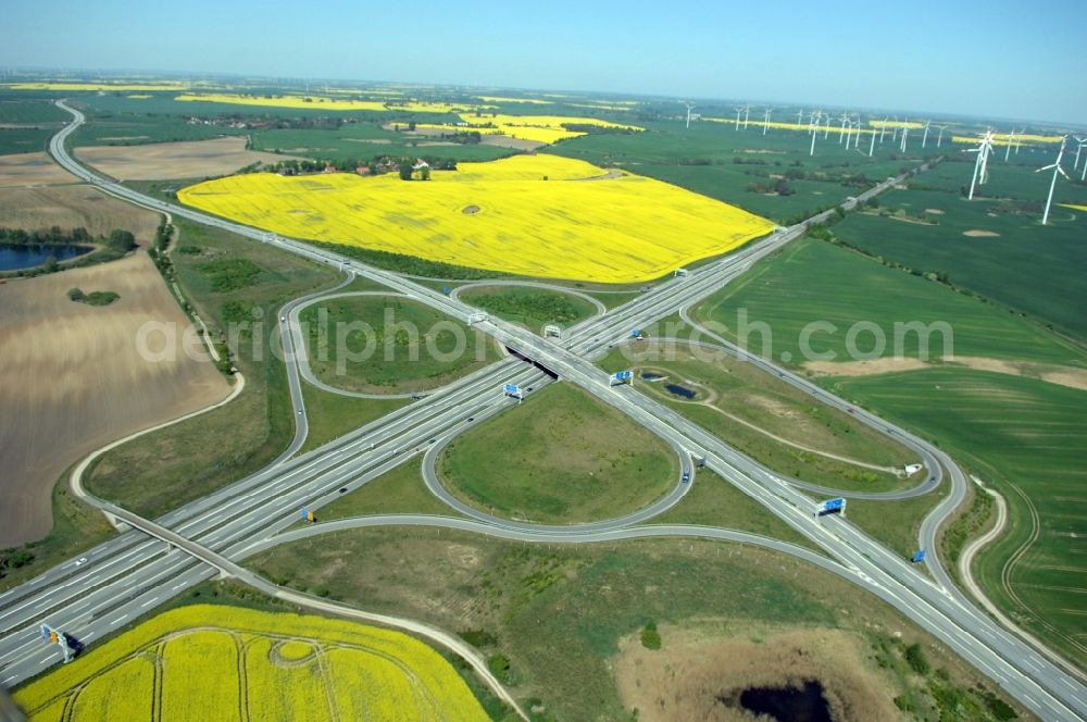 Gramzow from above - Traffic flow at the intersection- motorway A 20 - A11 in Gramzow in the state Brandenburg, Germany