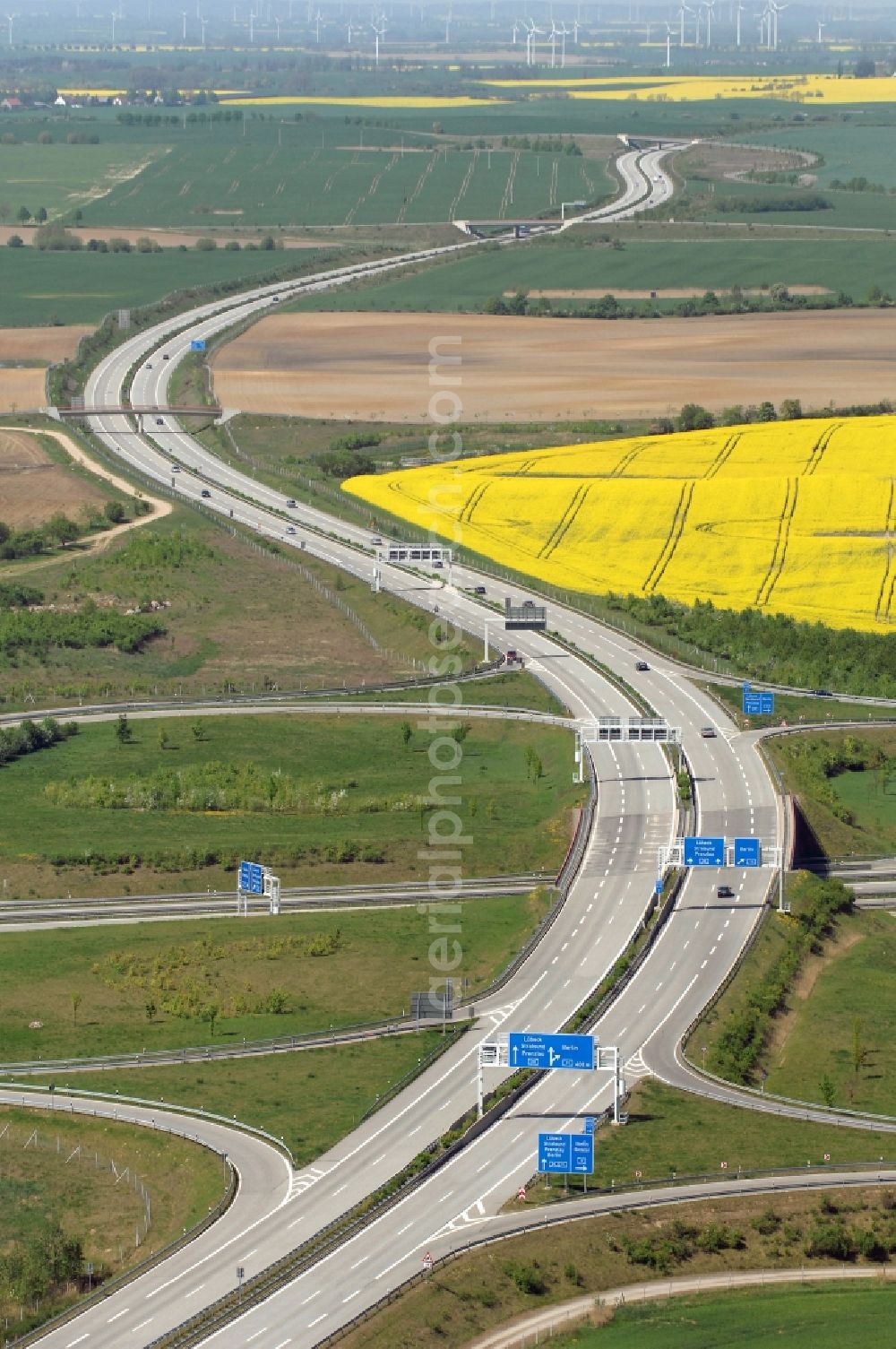 Gramzow from above - Traffic flow at the intersection- motorway A 20 - A11 in Gramzow in the state Brandenburg, Germany