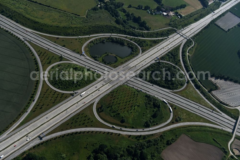 Hamberge from above - Traffic flow at the intersection- motorway A 20 - A1 in Hamberge in the state Schleswig-Holstein