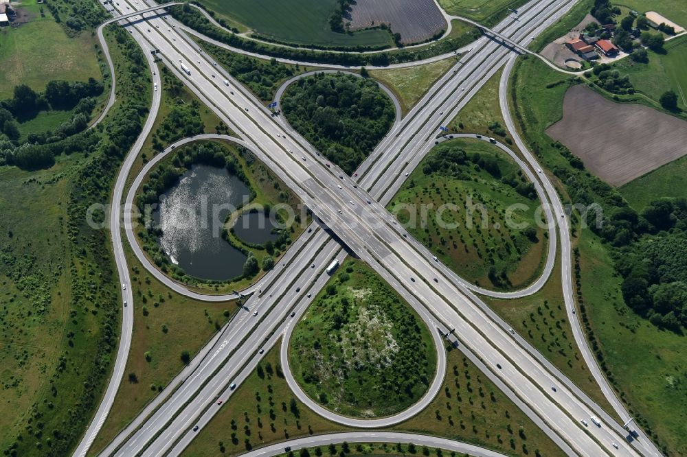 Hamberge from above - Traffic flow at the intersection- motorway A 20 - A1 in Hamberge in the state Schleswig-Holstein