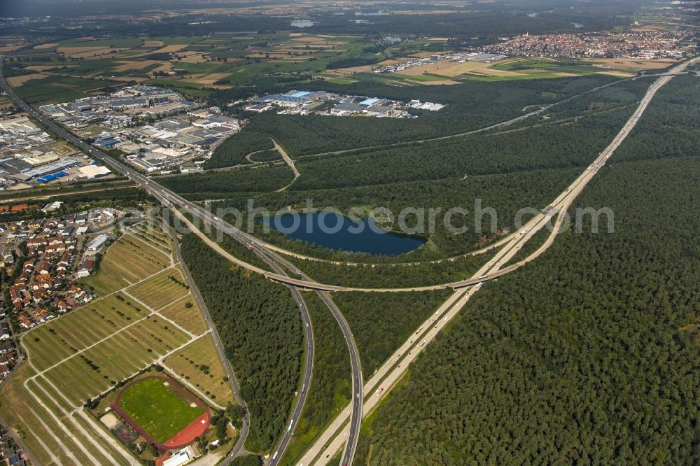 Hockenheim from above - Traffic management at the junction between the A61 -E50 at Hockenheim in Baden-Wuerttemberg