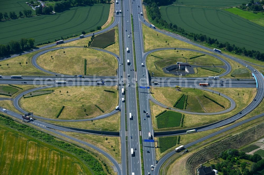 Aerial image Kamen - Traffic flow at the intersection- motorway A 1 A2 Kamener Kreuz in Kamen at Ruhrgebiet in the state North Rhine-Westphalia, Germany