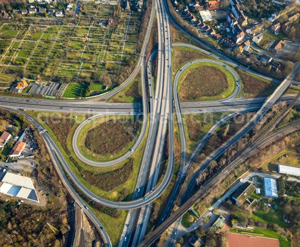 Herne from above - Traffic flow at the intersection- motorway A 42 A43 a??Kreuz Hernea?? in Herne in the state North Rhine-Westphalia, Germany