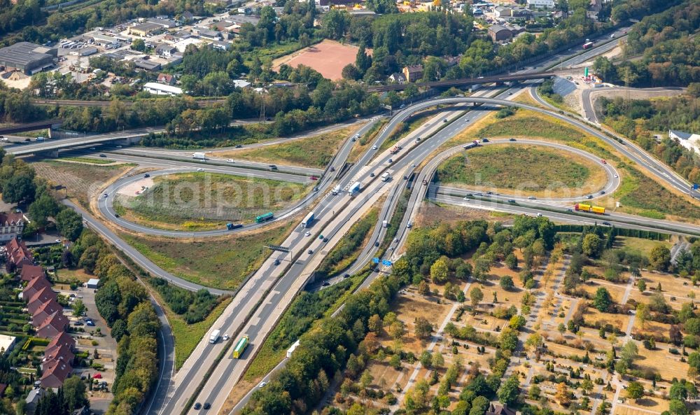 Aerial image Herne - Traffic flow at the intersection- motorway A 42 A43 Kreuz Herne in Herne in the state North Rhine-Westphalia, Germany