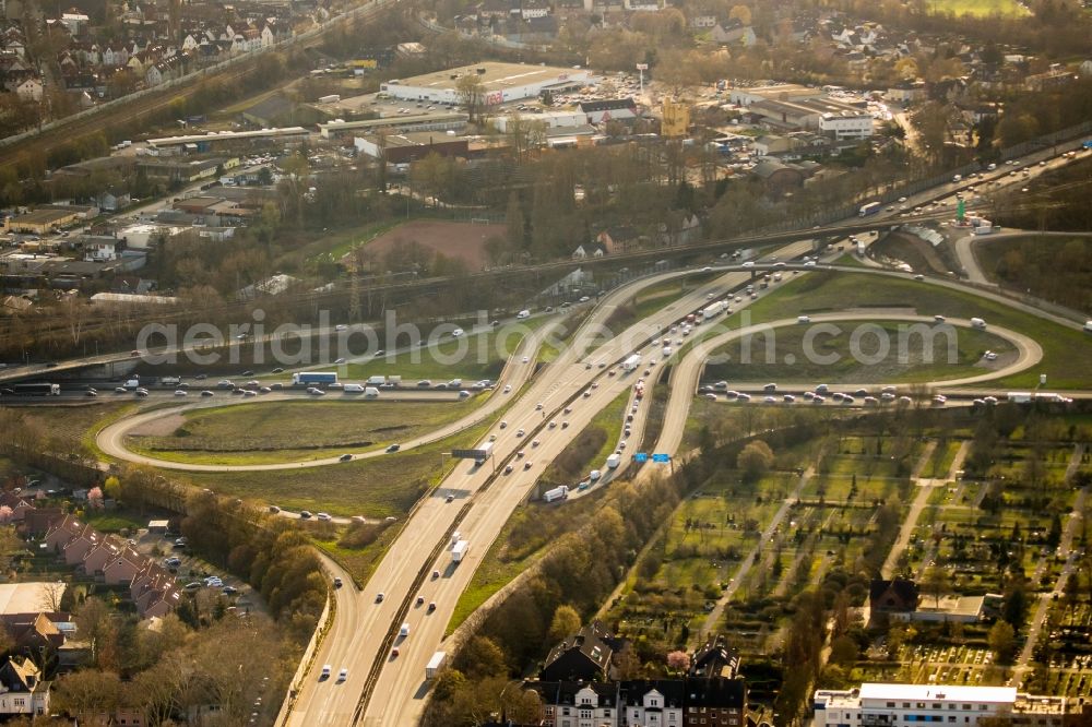 Aerial image Herne - Traffic flow at the intersection- motorway A 42 A43 Kreuz Herne in Herne in the state North Rhine-Westphalia, Germany