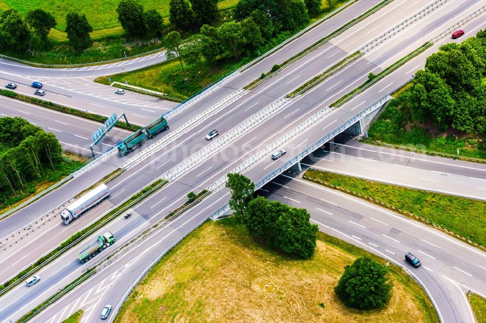 Aerial photograph Buxheim - Traffic flow at the intersection- motorway A 7 A96 Kreuz Memmingen in Buxheim in the state Bavaria, Germany