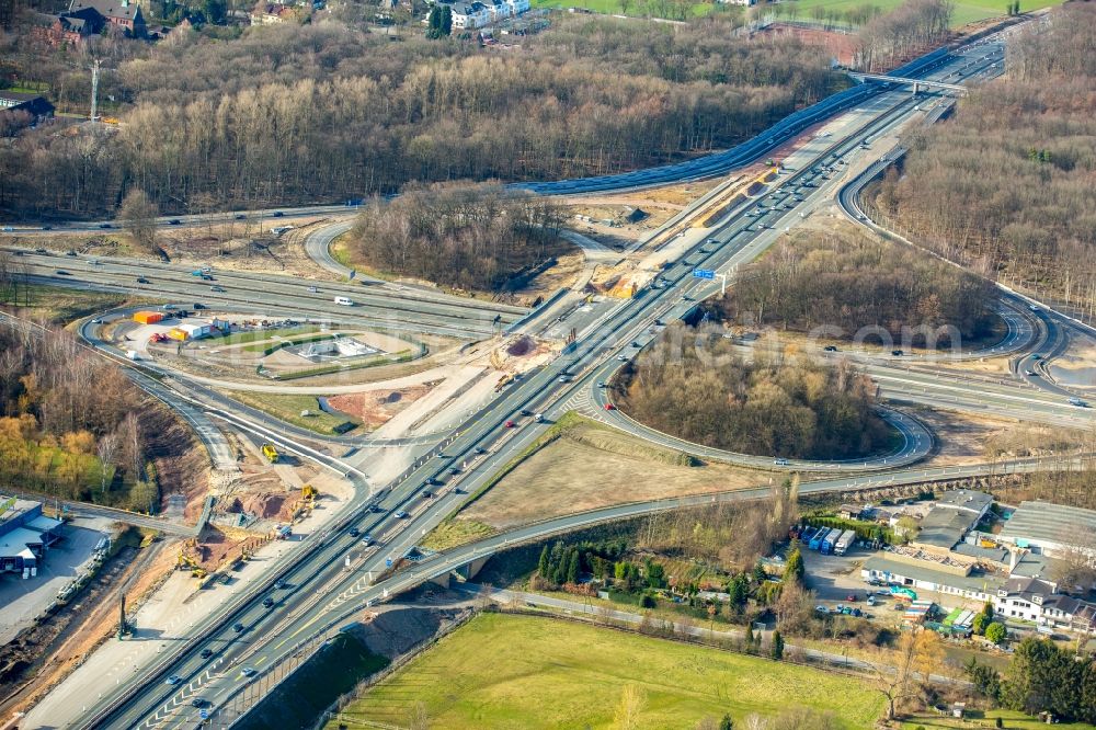 Recklinghausen from above - Traffic flow at the intersection- motorway A 2 A45 Kreuz Recklinghausen in the district Stuckenbusch in Recklinghausen in the state North Rhine-Westphalia