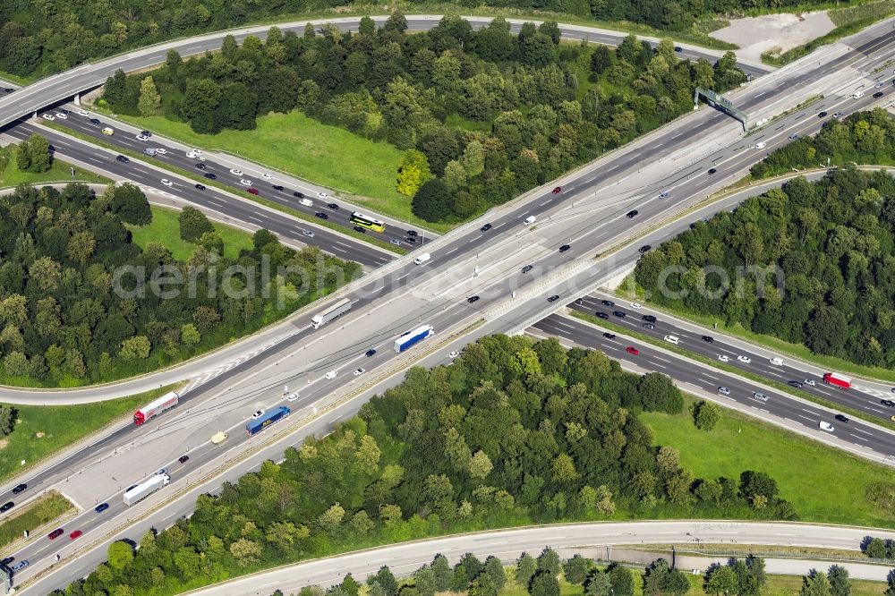 München from above - Traffic flow at the intersection- motorway A 9 and A99 in Munich in the state Bavaria, Germany