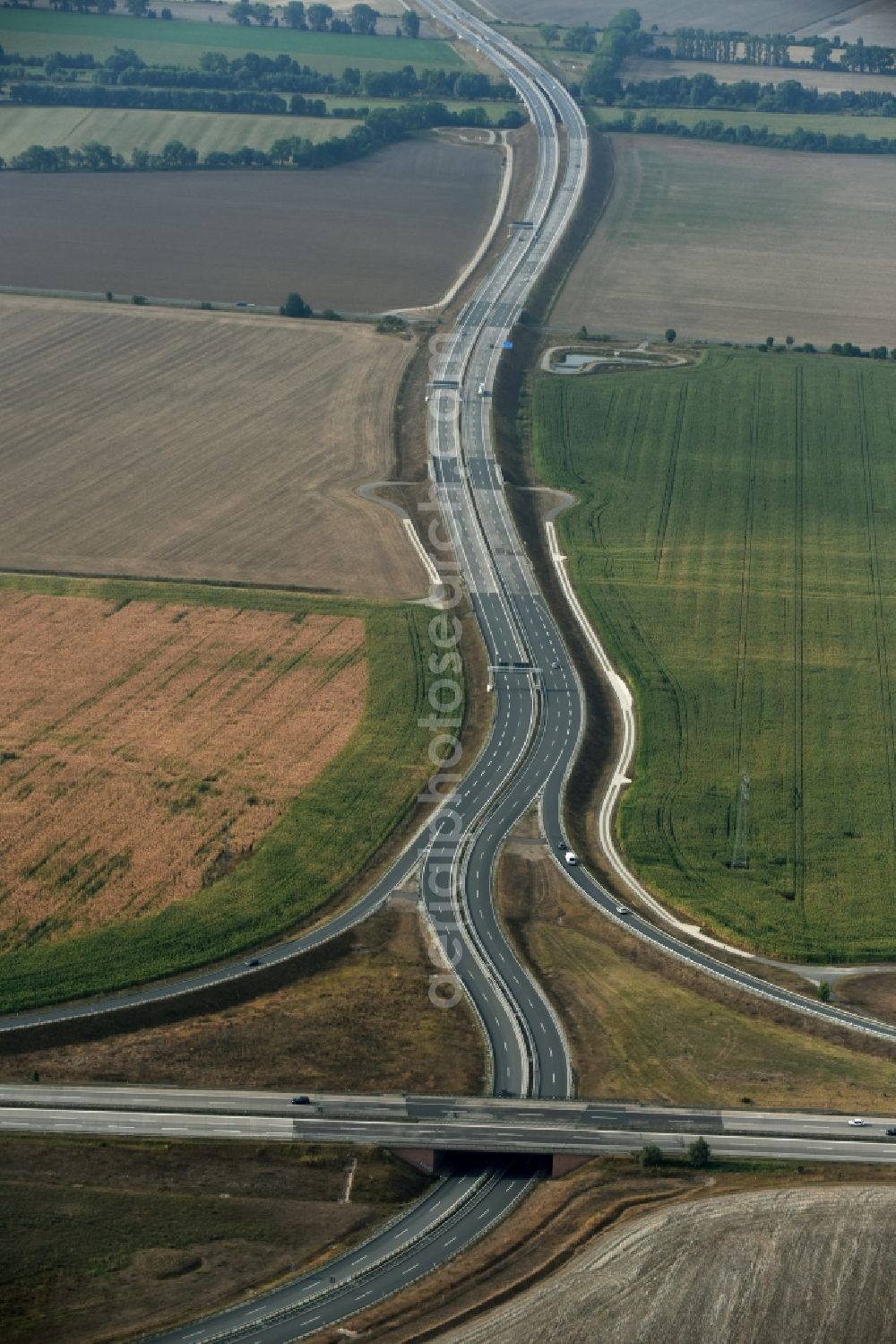 Aerial image Niederröblingen (Helme) - Traffic flow at the intersection- motorway A 71 - A38 in Niederroeblingen (Helme) in the state Saxony-Anhalt