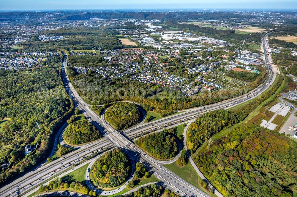 Aerial image Hagen - Traffic flow at the intersection- motorway A 11 - A42 in the district Herbeck in Hagen in the state North Rhine-Westphalia, Germany