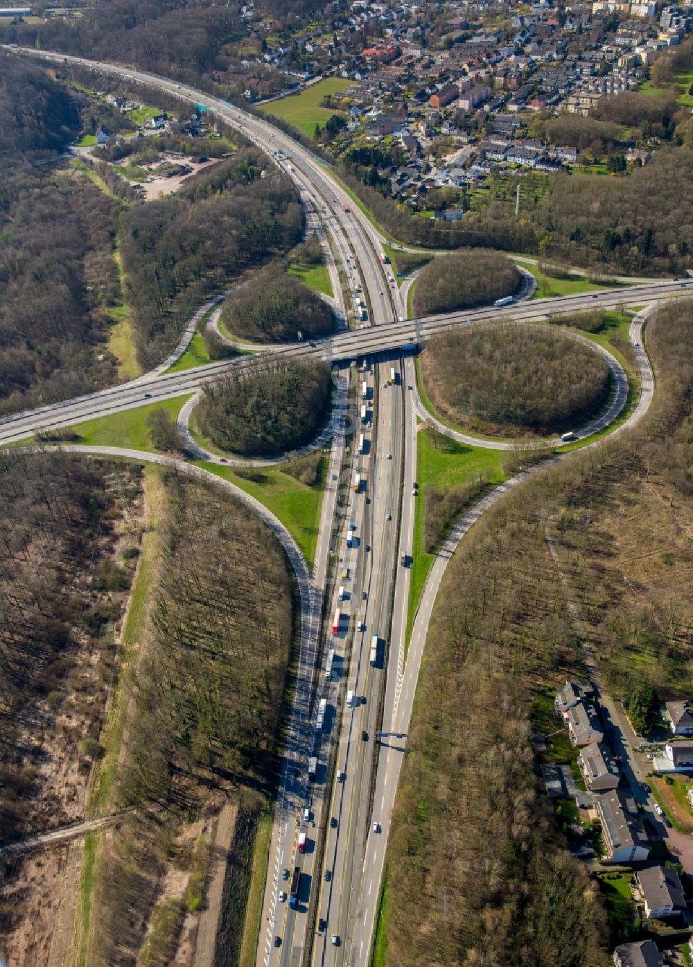 Aerial photograph Hagen - Traffic flow at the intersection- motorway A 11 - A42 in the district Herbeck in Hagen in the state North Rhine-Westphalia, Germany