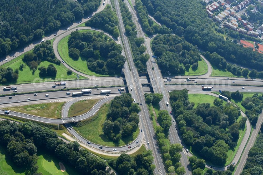 Köln from above - Traffic flow at the intersection- motorway A 555 -A4 in the district Rodenkirchen in Cologne in the state North Rhine-Westphalia, Germany