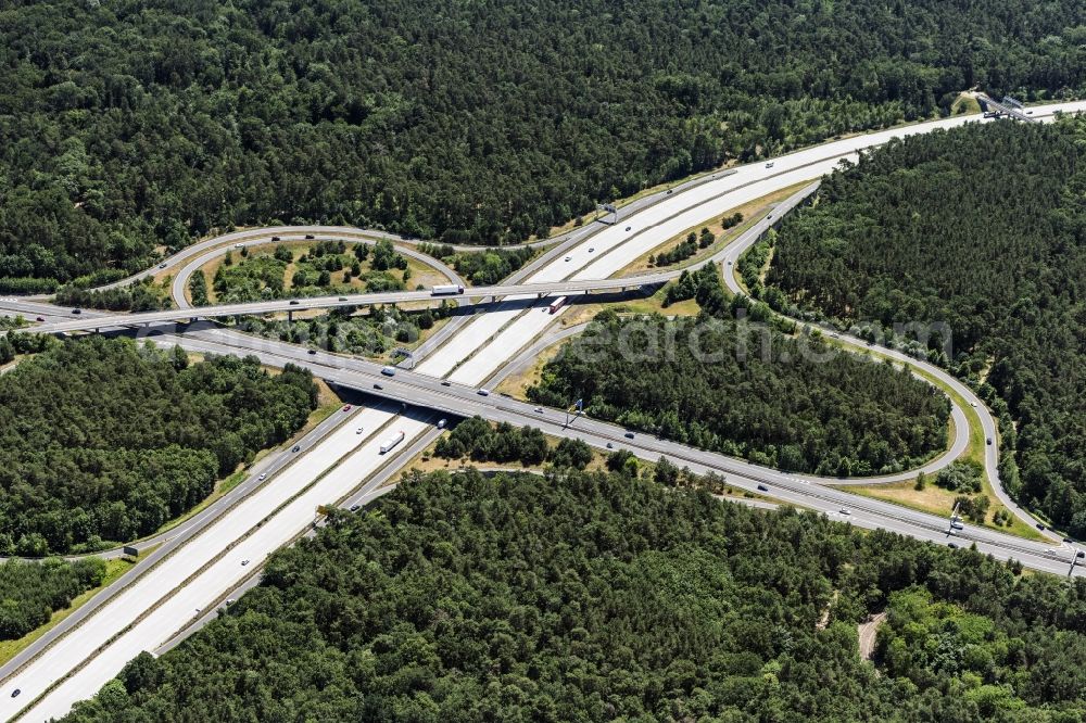 Potsdam from above - Traffic flow at the intersection- motorway A 115 in Potsdam in the state Brandenburg, Germany