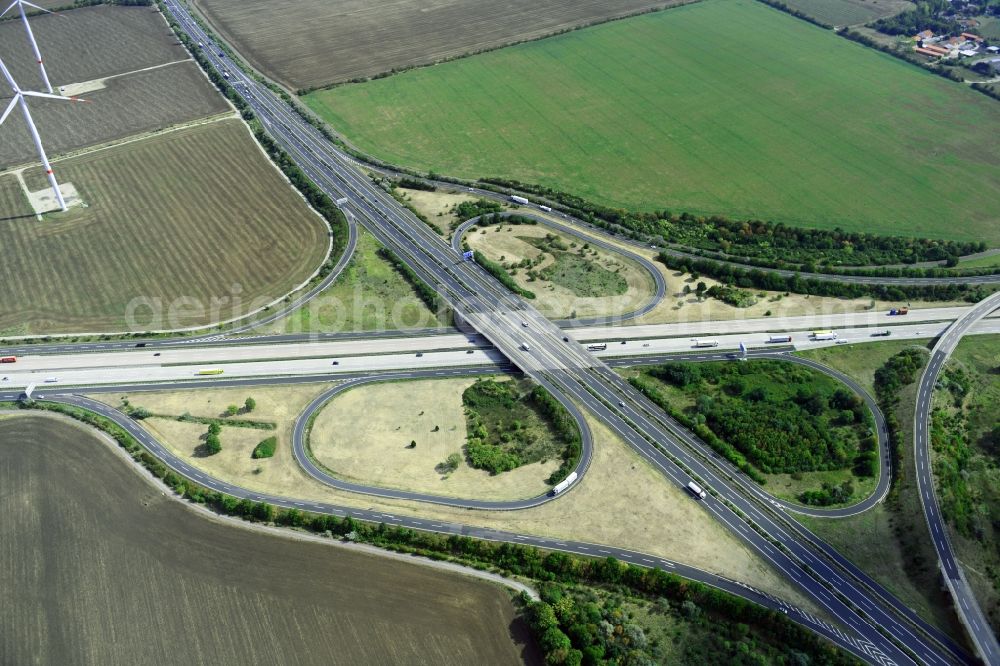 Dehlitz from above - Traffic flow at the intersection- motorway A 9 - A38 Rippachtal in Dehlitz in the state Saxony-Anhalt, Germany