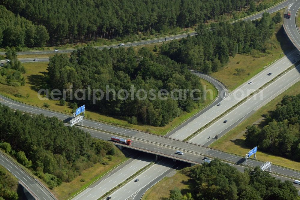 Schönefeld from above - Traffic flow at the intersection- motorway A 10 - E36 Schoenefelder Kreuz in Schoenefeld in the state Brandenburg