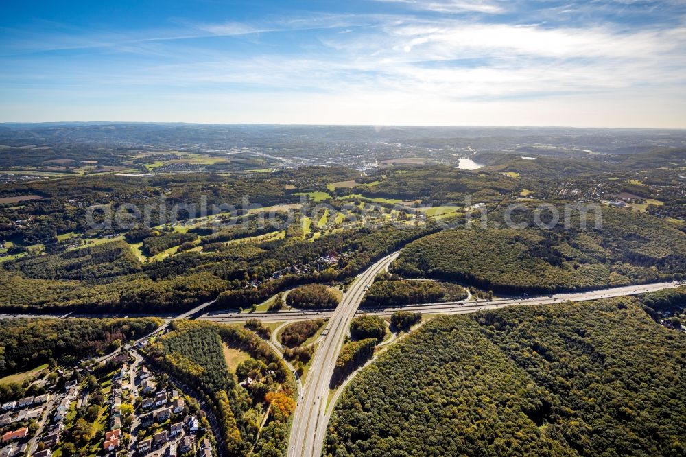 Schwerte from the bird's eye view: Traffic flow at the intersection- motorway A 1 and of A 45 in Schwerte in the state North Rhine-Westphalia, Germany