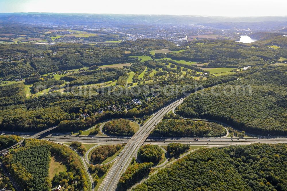 Aerial image Schwerte - Traffic flow at the intersection- motorway A 1 and of A 45 in Schwerte in the state North Rhine-Westphalia, Germany